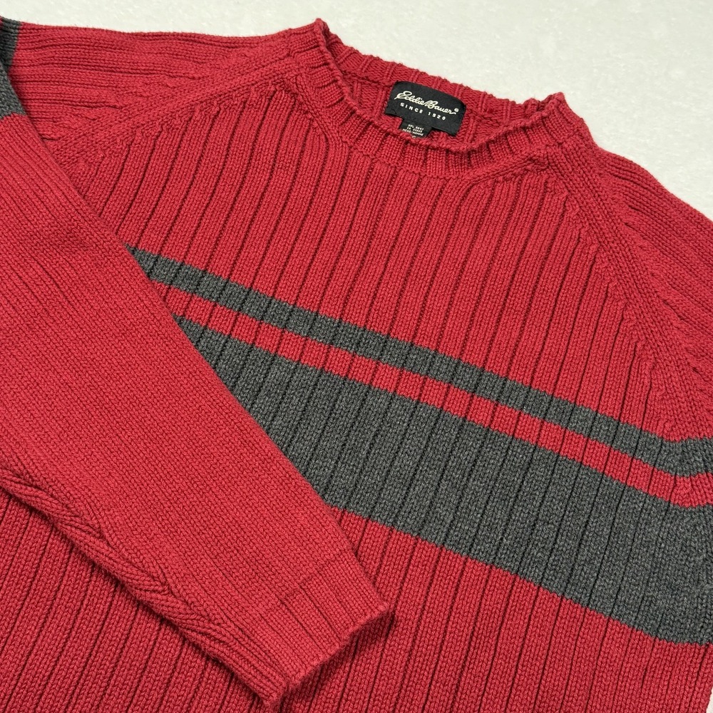 Eddie Bauer Sweater‎ Mens Large Red Gray Stripe Ribbed Cotton Crewneck Knit
